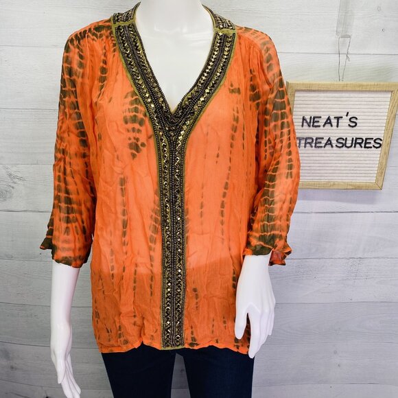 Michael Kors Switzerland Orange Brown Sheer Embellished V Neck Tunic Top Size S - Picture 4 of 16